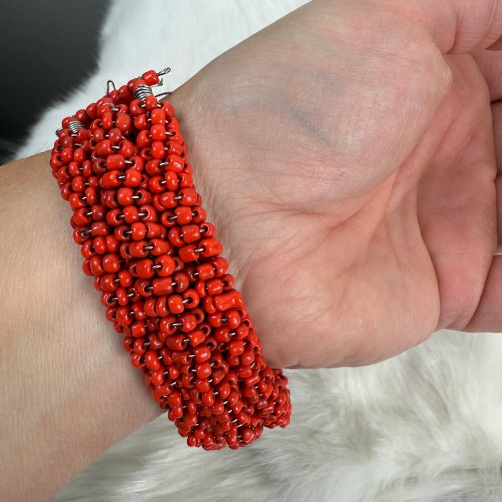 Red Seed Bead Woven Bead Cuff Bracelet 8"